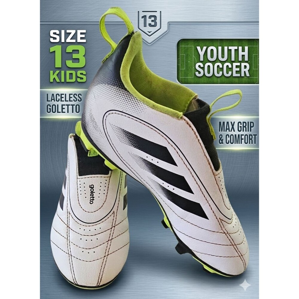 Adidas Goletto Kids Laceless Soccer Cleats Size 13 White Black Green FG Shoes